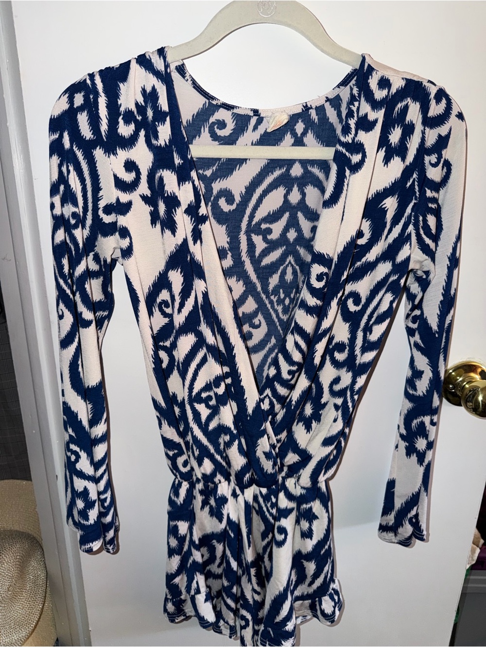 Surf Gypsy Blue and White Patterned Long-Sleeve Wrap romper